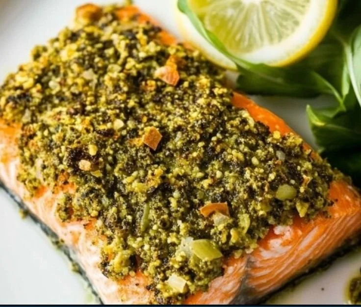 Pistachio crusted salmon on a plate with lemon and herbs