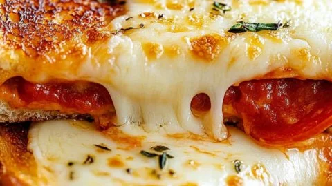 Delicious Pizza Grilled Cheese featuring melty cheese and pizza toppings