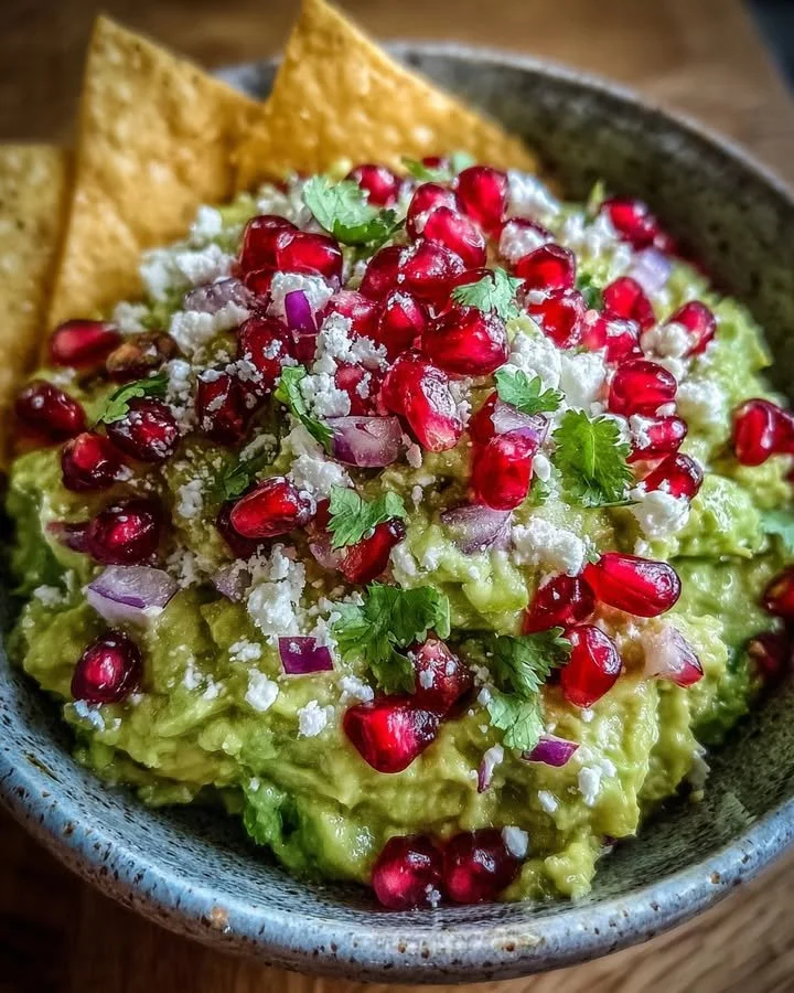 Delicious Pomegranate Guacamole topped with Feta Crumbles in a bowl.