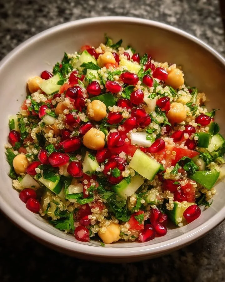Pomegranate salad with quinoa, chickpeas, and mint-lime dressing served in a bowl.