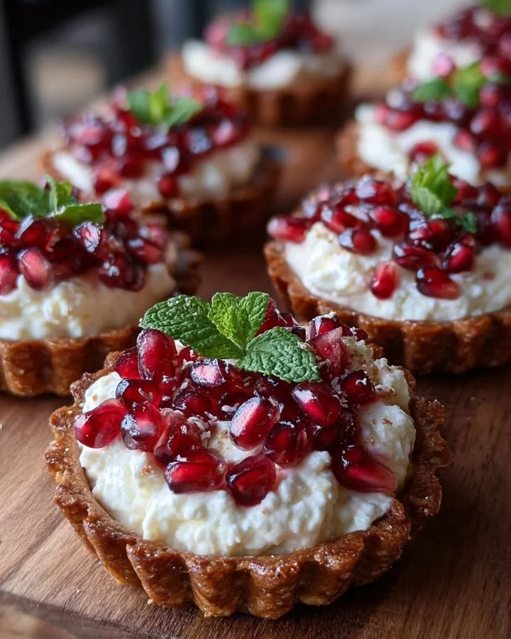 Pomegranate and Whipped Feta Tartlets served on a platter for a delicious appetizer.
