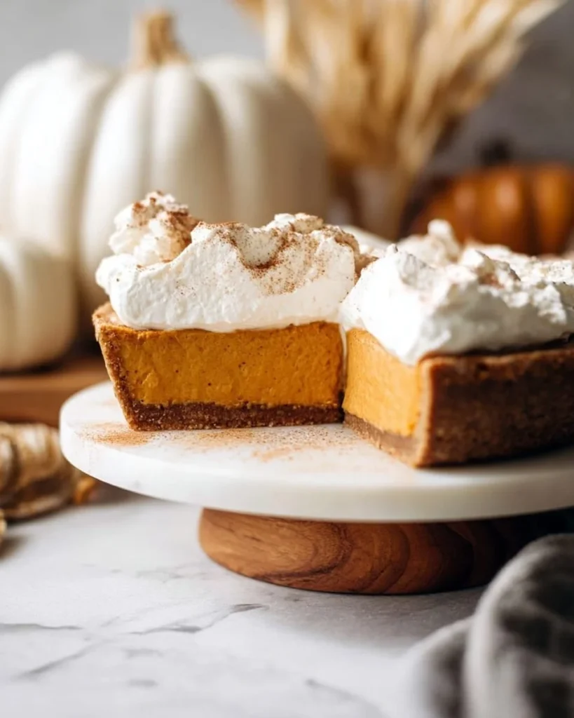 Slice of pumpkin cheesecake on a plate with autumn decorations