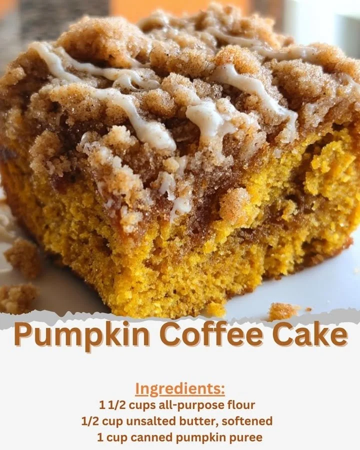 Slice of moist Pumpkin Coffee Cake with coffee in the background