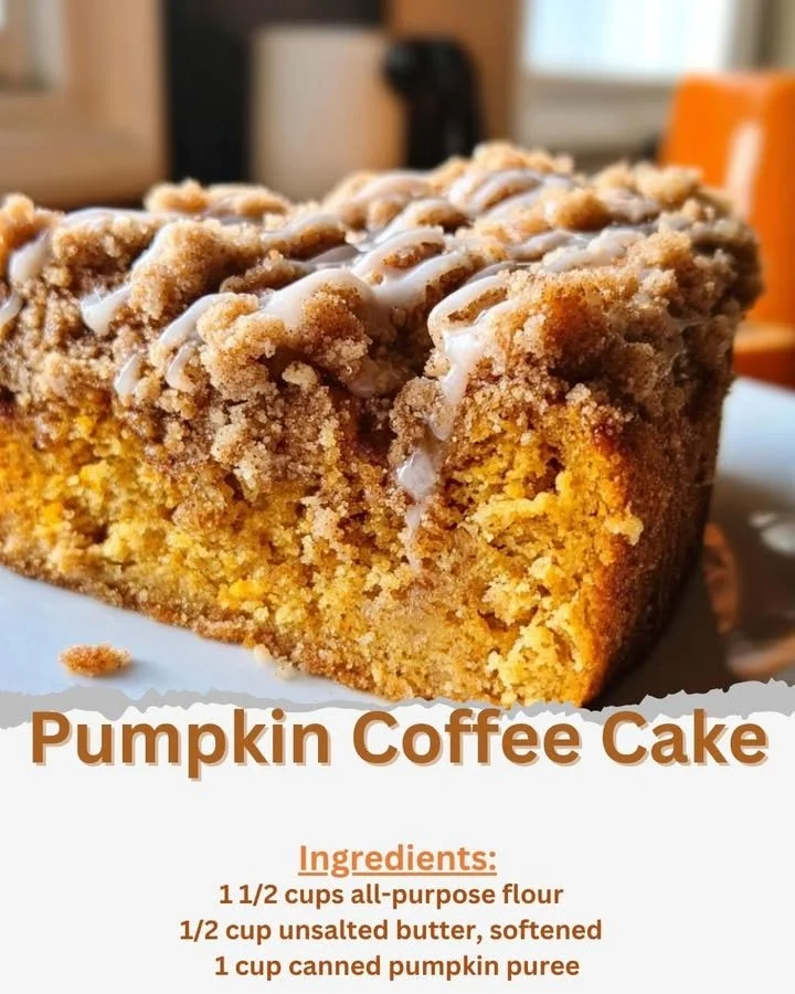 Slice of moist Pumpkin Coffee Cake topped with icing on a rustic wooden table.