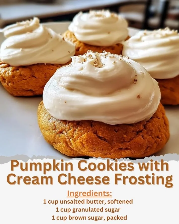 Delicious pumpkin cookies topped with cream cheese frosting on a plate