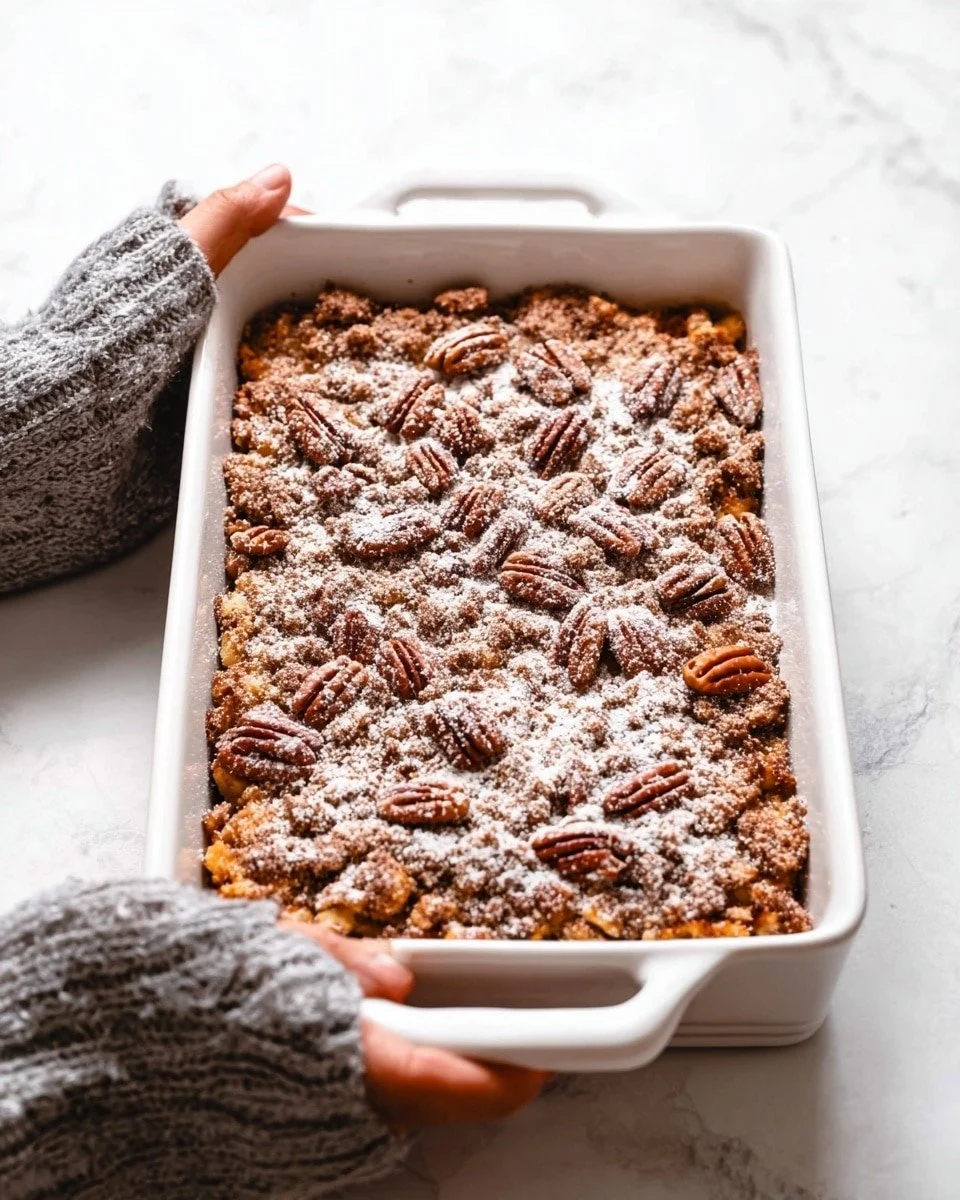 Pumpkin French Toast Casserole topped with whipped cream and cinnamon