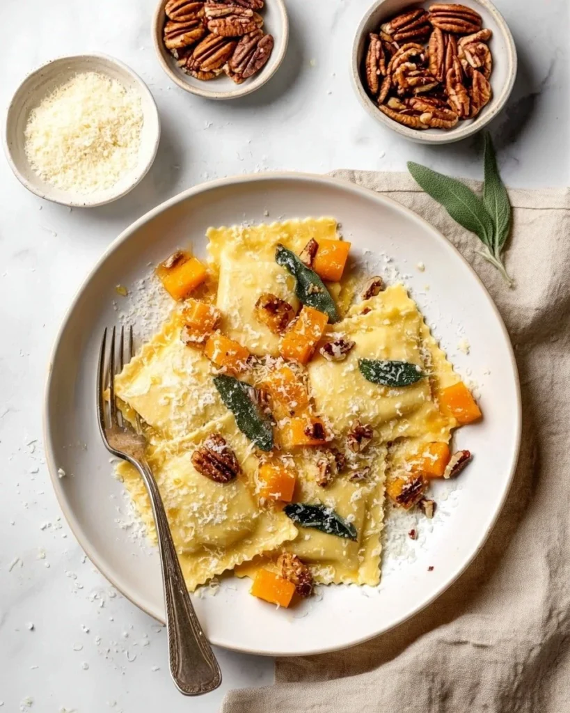 Delicious homemade pumpkin ravioli served with sage butter sauce.
