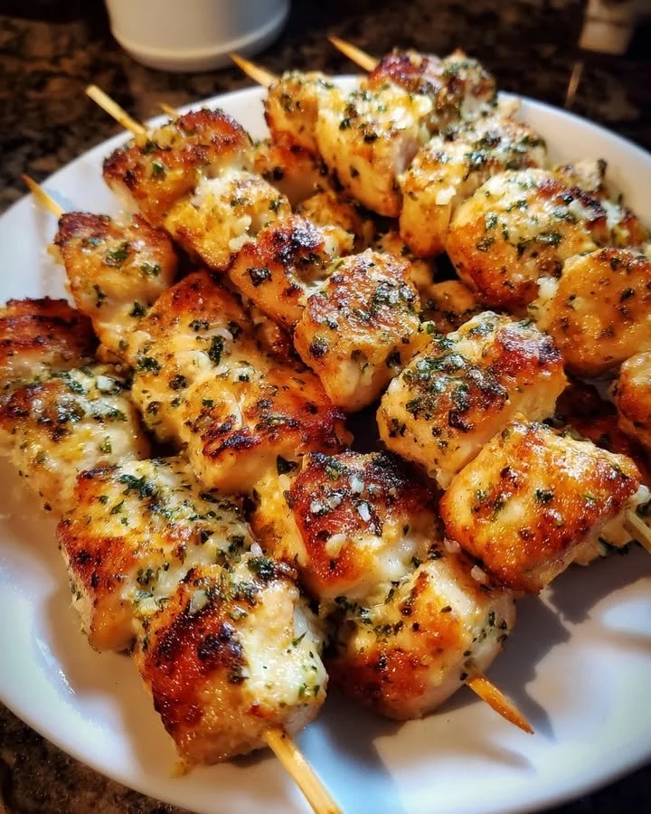 Ranch Garlic Parmesan Chicken skewers on a grill with herbs and spices