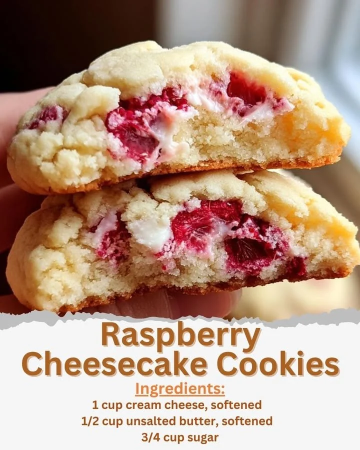 Freshly baked Raspberry Cheesecake Cookies with a creamy filling and raspberry topping.