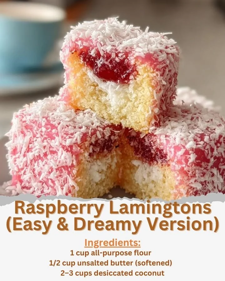 Delicious raspberry lamingtons coated in coconut and chocolate