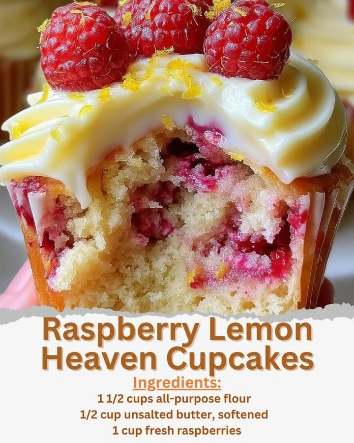 Delicious Raspberry Lemon Cupcakes topped with fresh raspberries and lemon frosting.
