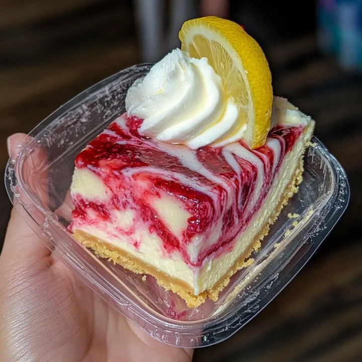 A slice of Raspberry Lemon Cheesecake with white chocolate on a plate.