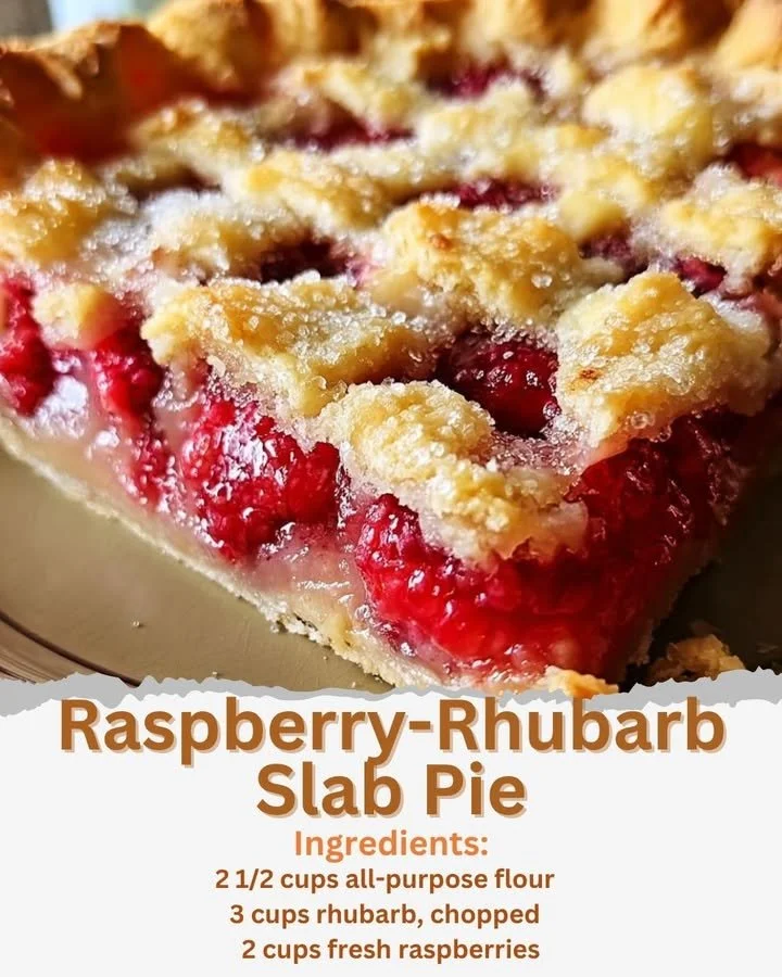 Raspberry-Rhubarb Slab Pie served on a plate with fresh raspberries and rhubarb