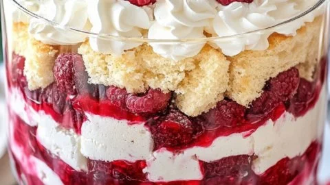 Delicious raspberry trifle with layers of sponge cake and cream