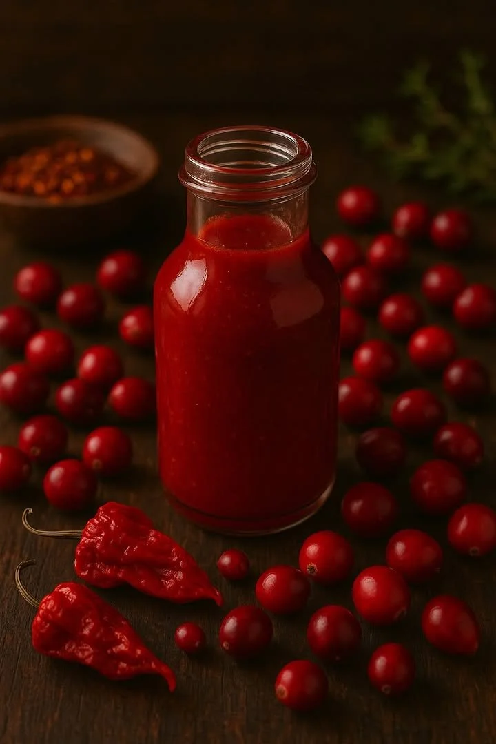 Bottle of Reaper-Cranberry Inferno Sauce showcasing its spicy and tangy flavor.