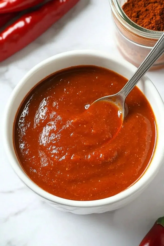 Homemade red enchilada sauce in a bowl with fresh herbs