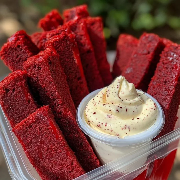 Delicious Red Velvet Brownie Dippers served with creamy cheesecake dip