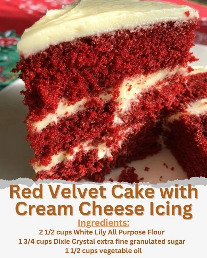 Slice of red velvet cake with cream cheese icing on a decorative plate