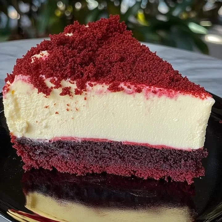 Delicious red velvet cheesecake slice with creamy frosting and garnishes