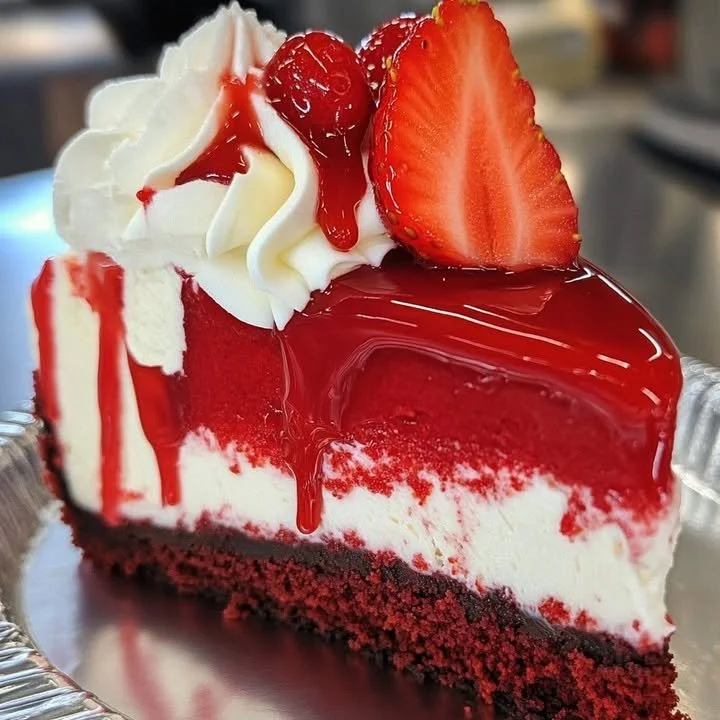 Slice of delicious Red Velvet Cheesecake topped with cream cheese frosting