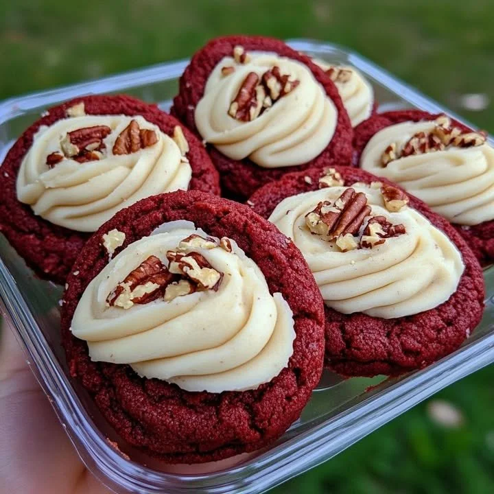 Delicious homemade Red Velvet Pecan Cookies on a baking sheet