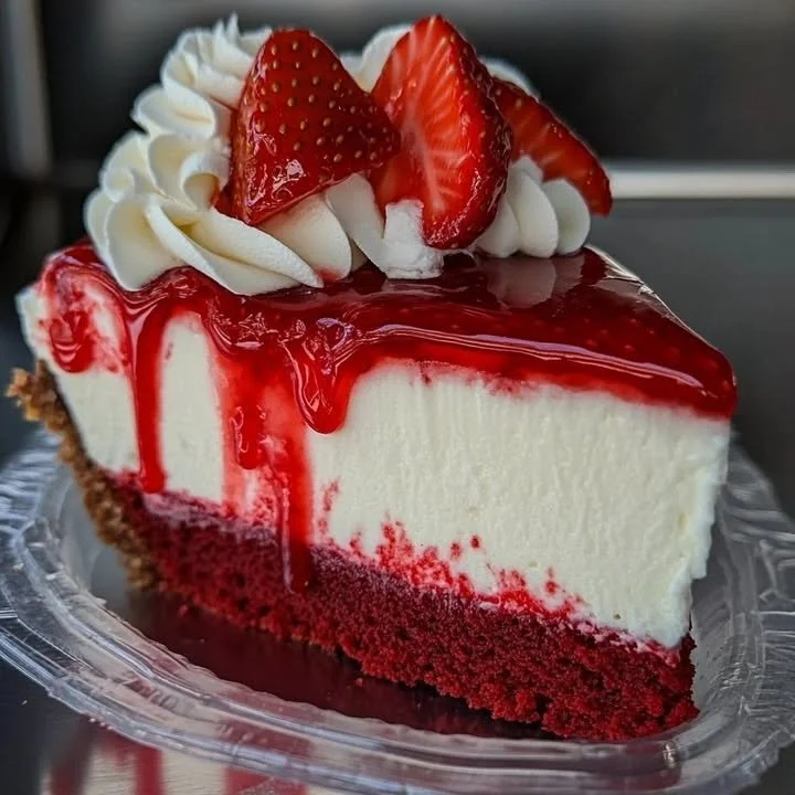 Slice of red velvet strawberry cheesecake with fresh strawberries on top