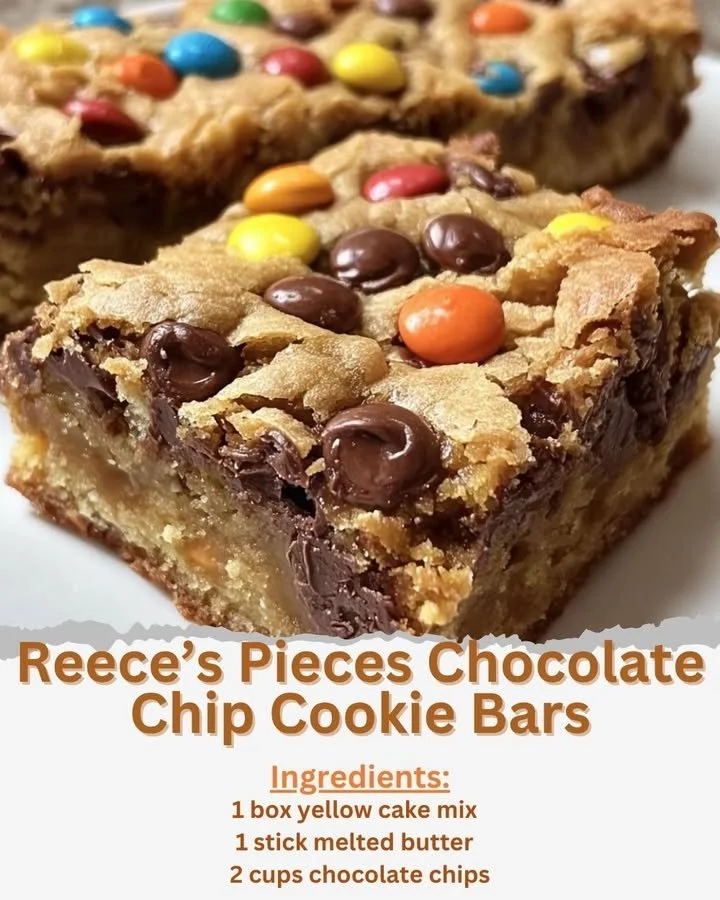 Reece’s Pieces chocolate chip cookie bars fresh out of the oven