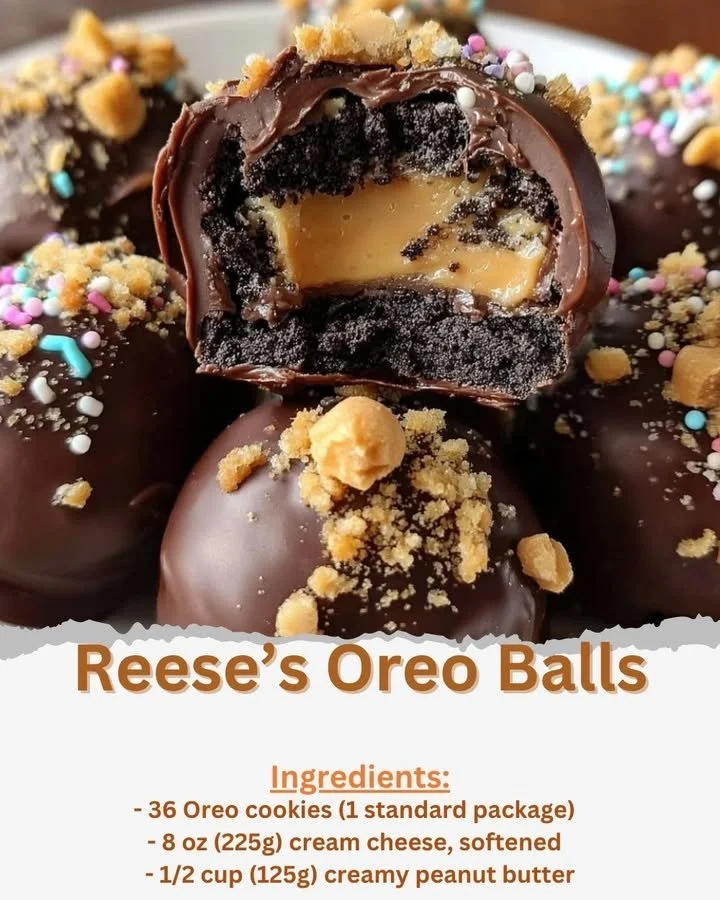 Delicious Reese's Oreo Balls topped with chocolate in a decorative arrangement