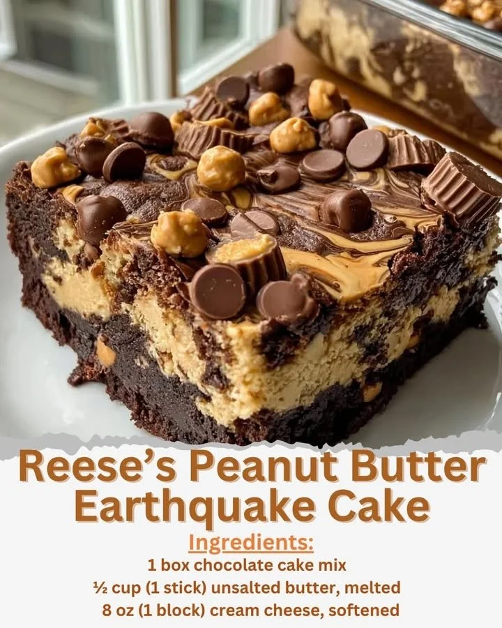 Decadent Reese's Peanut Butter Earthquake Cake made with rich peanut butter and chocolate.