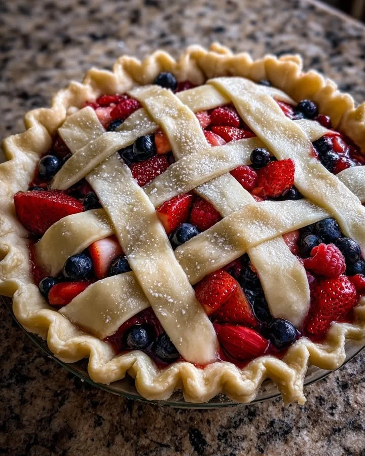 Homemade Rhubarb Berry Pie with a flaky crust and vibrant filling