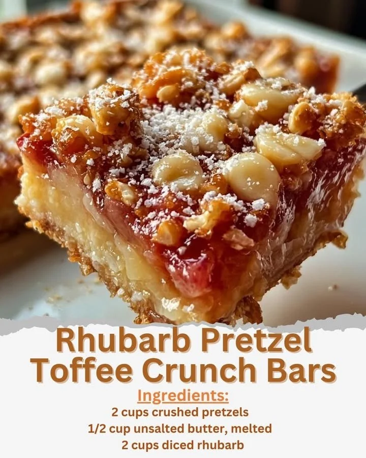 Delicious Rhubarb Pretzel Toffee Crunch Bars with a sweet and salty blend