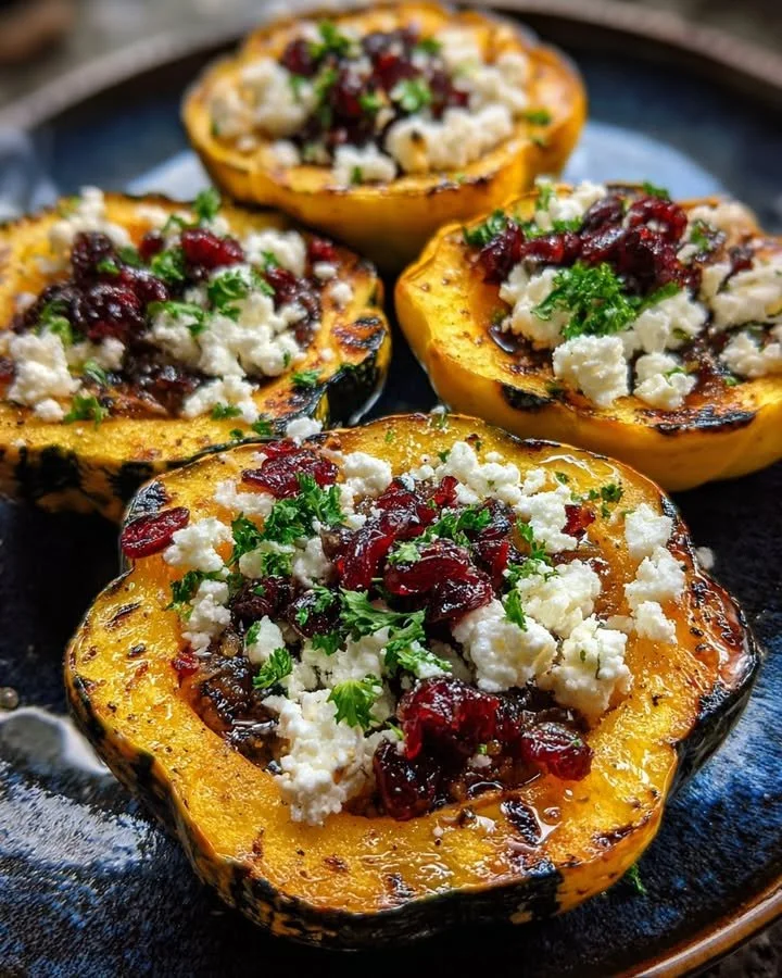 Roasted acorn squash with feta and orange-cranberry drizzle on a plate
