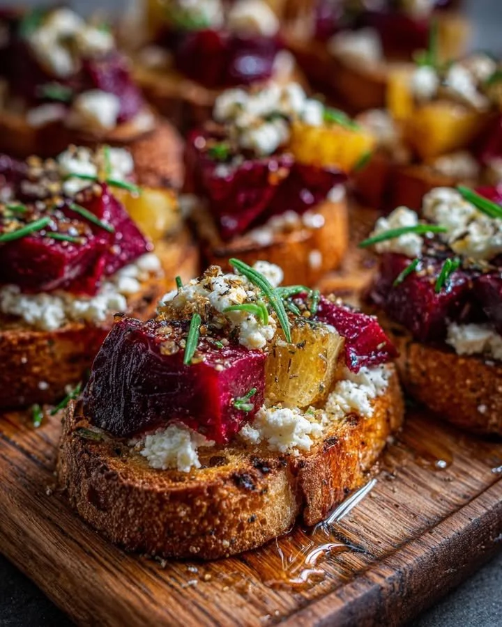Roasted beet crostini topped with goat cheese and honey drizzle on a platter.