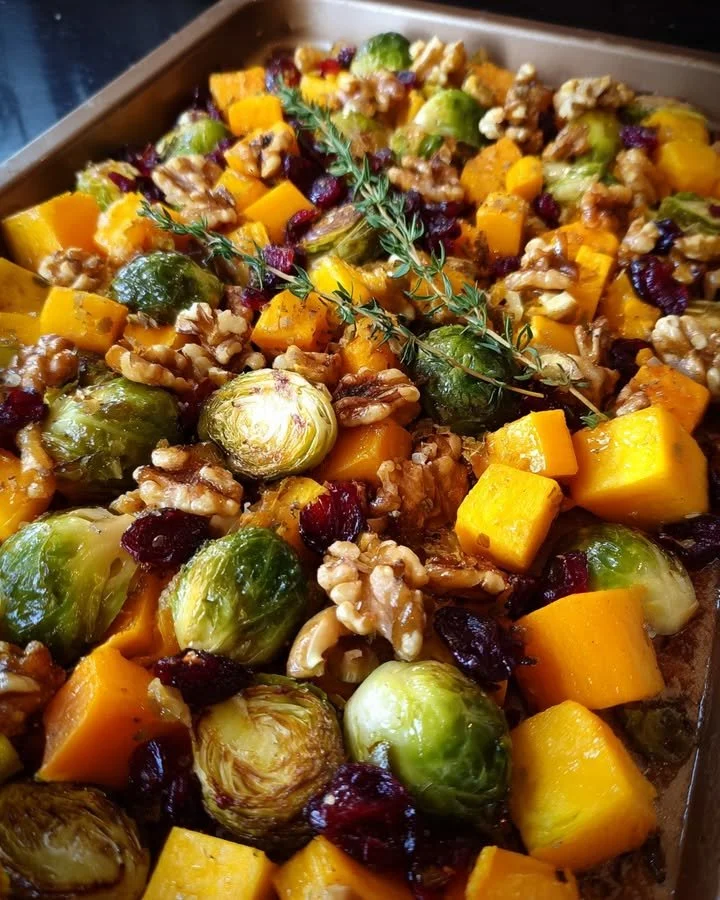 Roasted Brussels Sprouts with Butternut Squash, Maple Walnuts, and Cranberries