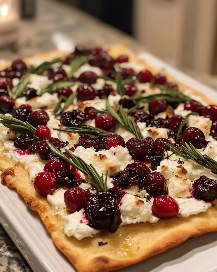 Roasted cranberry goat cheese flatbread topped with fresh herbs and drizzle.