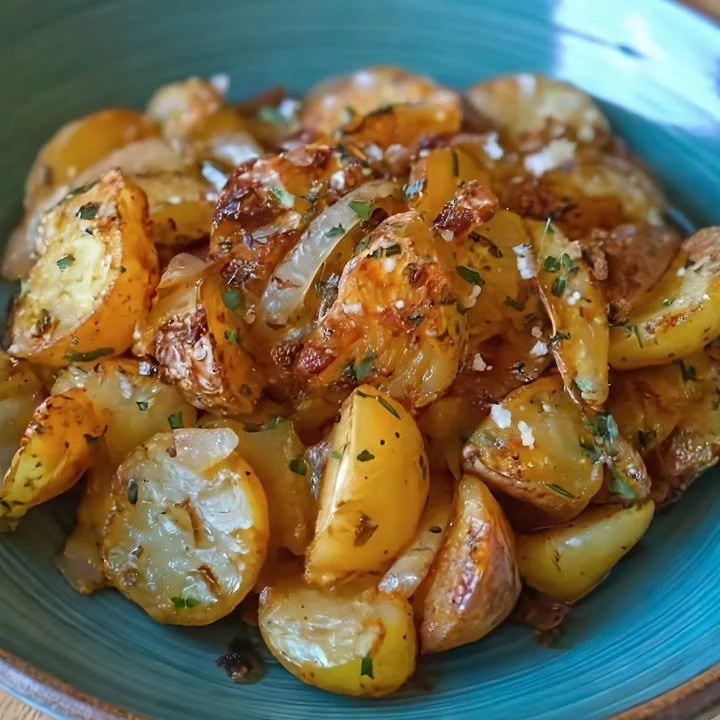 Bowl of roasted garlic parmesan baby potatoes garnished with herbs.