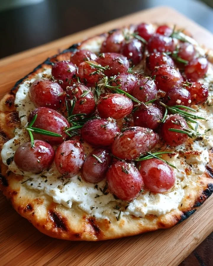Roasted Grape & Ricotta Flatbread garnished with rosemary on a wooden board.
