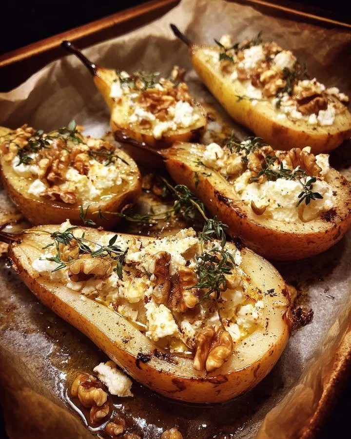 Delicious roasted pears with feta cheese, honey, and walnuts on a plate.