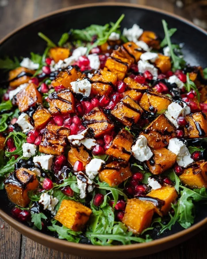 A vibrant roasted pumpkin salad with feta cheese and pomegranate seeds.