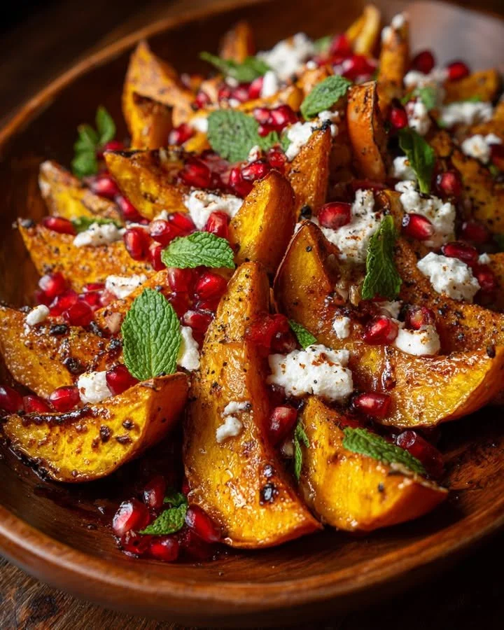 Roasted pumpkin with zesty goat cheese and pomegranate glaze garnished beautifully