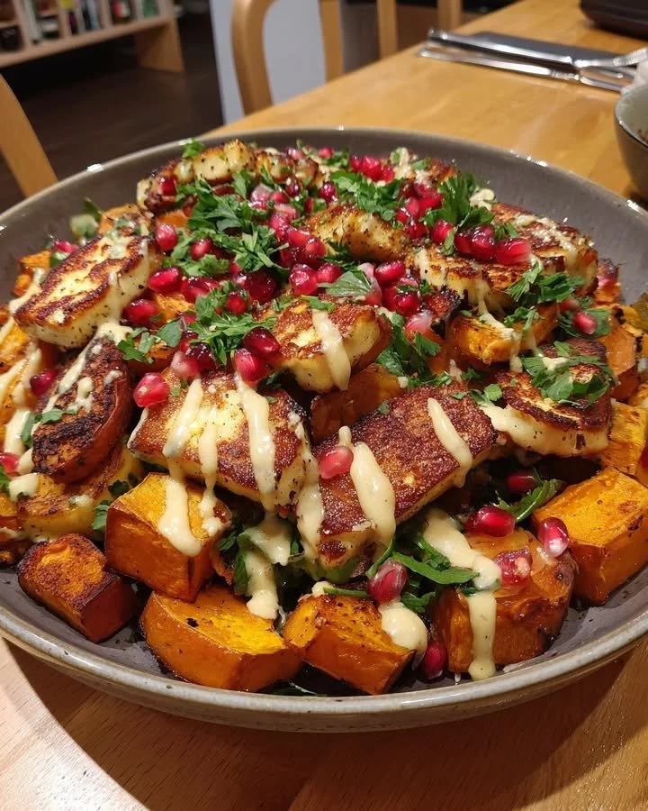 Roasted sweet potato salad with halloumi, pomegranate, and tahini-lemon drizzle