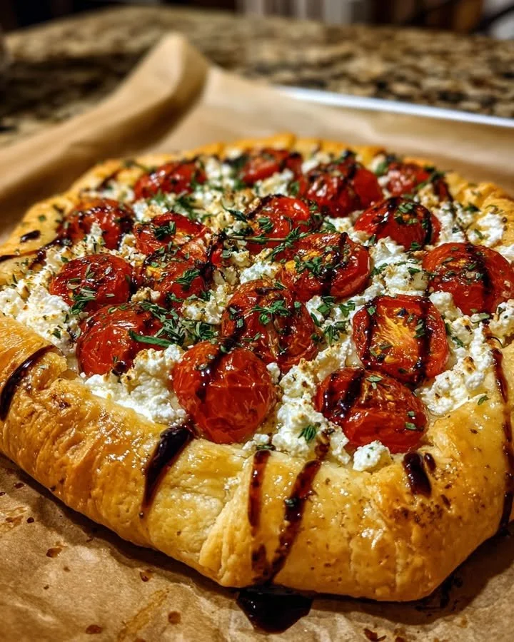 Roasted tomato and goat cheese tart garnished with thyme