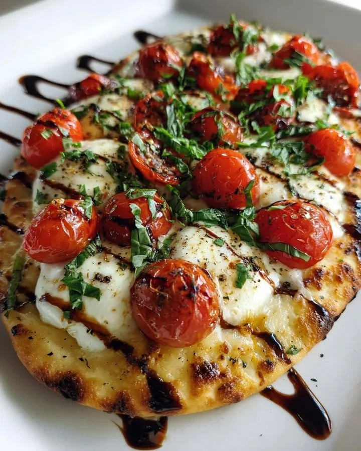 Roasted tomato, mozzarella, and basil flatbread garnished with fresh basil leaves