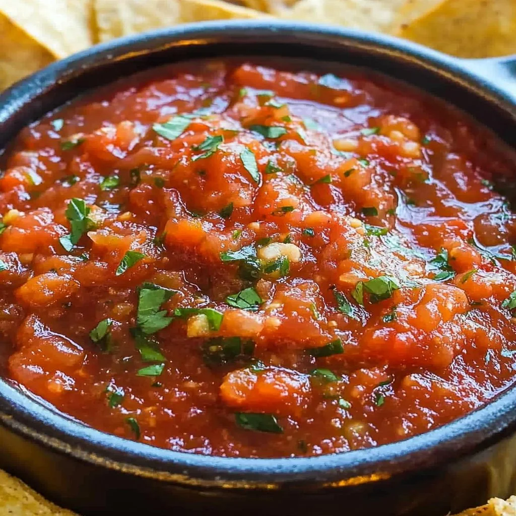 Freshly made roasted tomato salsa in a bowl with herbs and spices