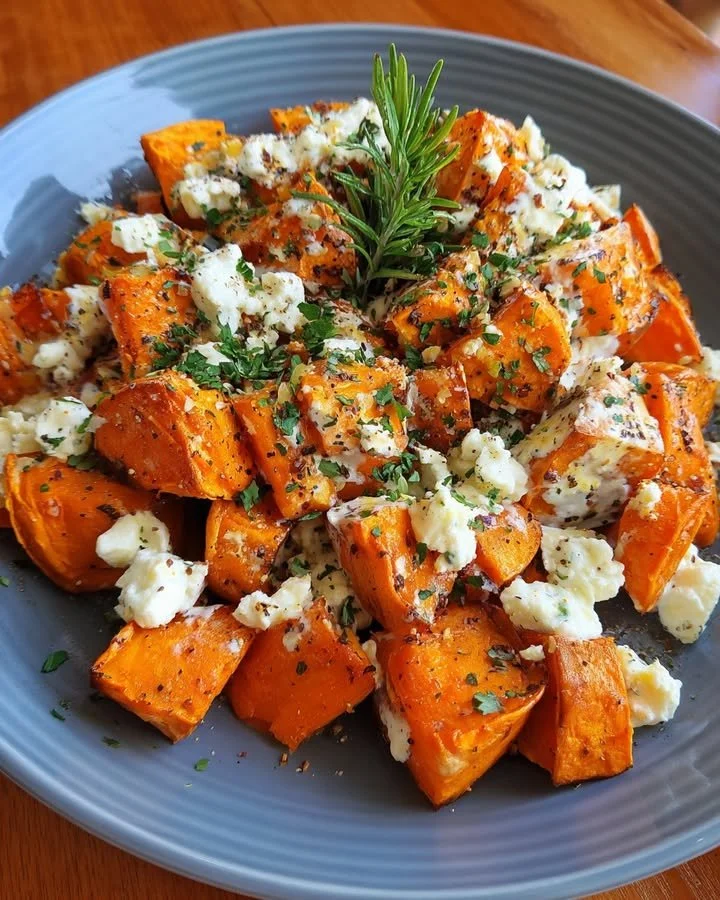 Rosemary-roasted sweet potatoes garnished with creamy feta cheese.