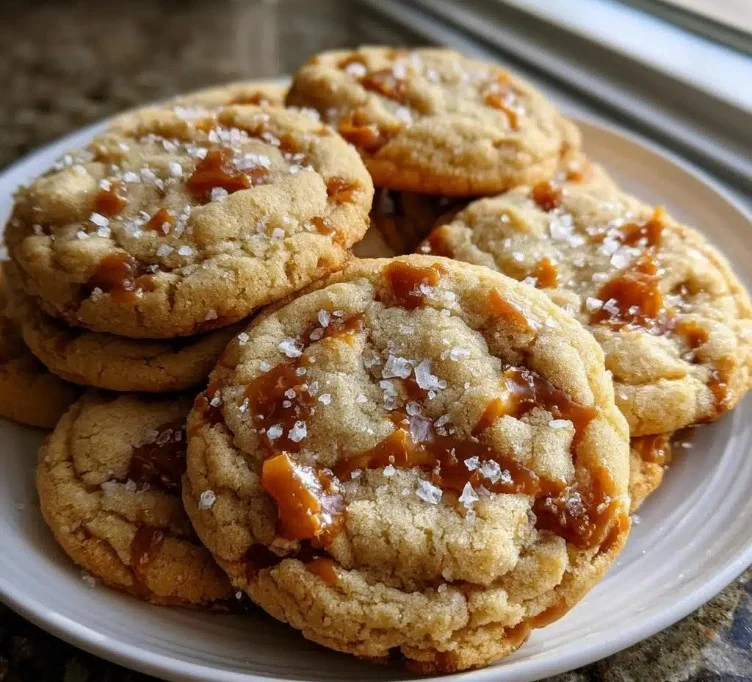 Plate of freshly baked salted caramel cookies with sea salt topping
