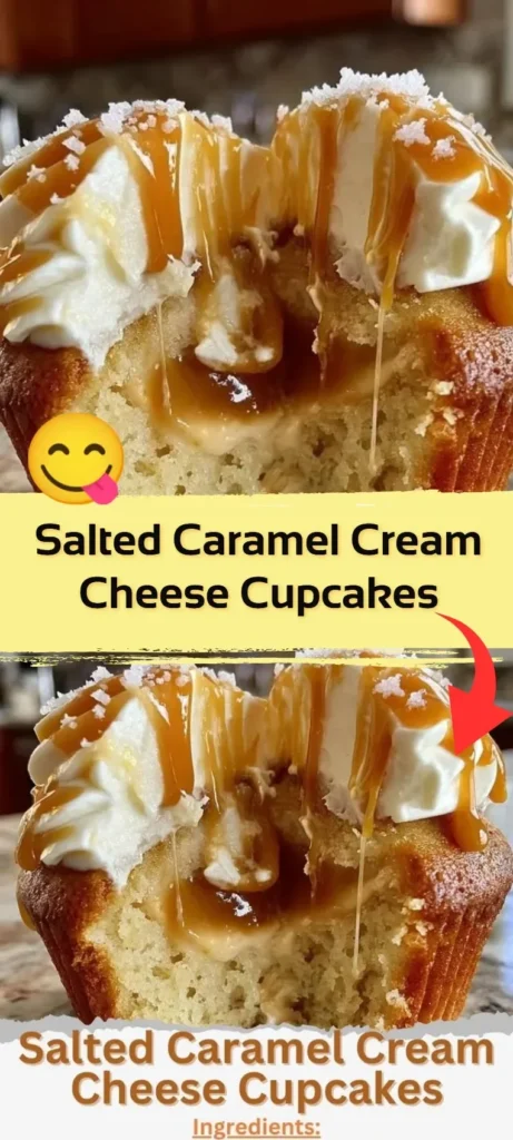 Delicious salted caramel cream cheese cupcakes topped with caramel drizzle.