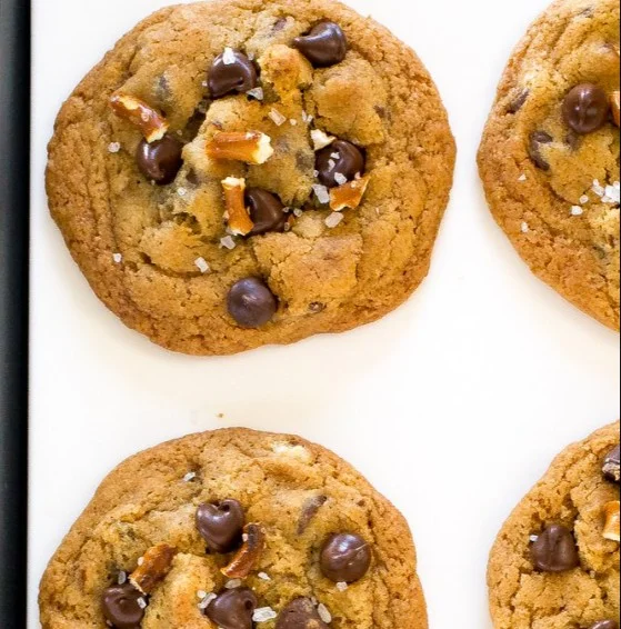Salted caramel pretzel chocolate chip cookies fresh out of the oven.