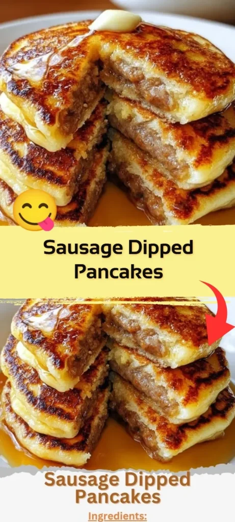 Sausage dipped pancakes served on a plate with syrup and toppings