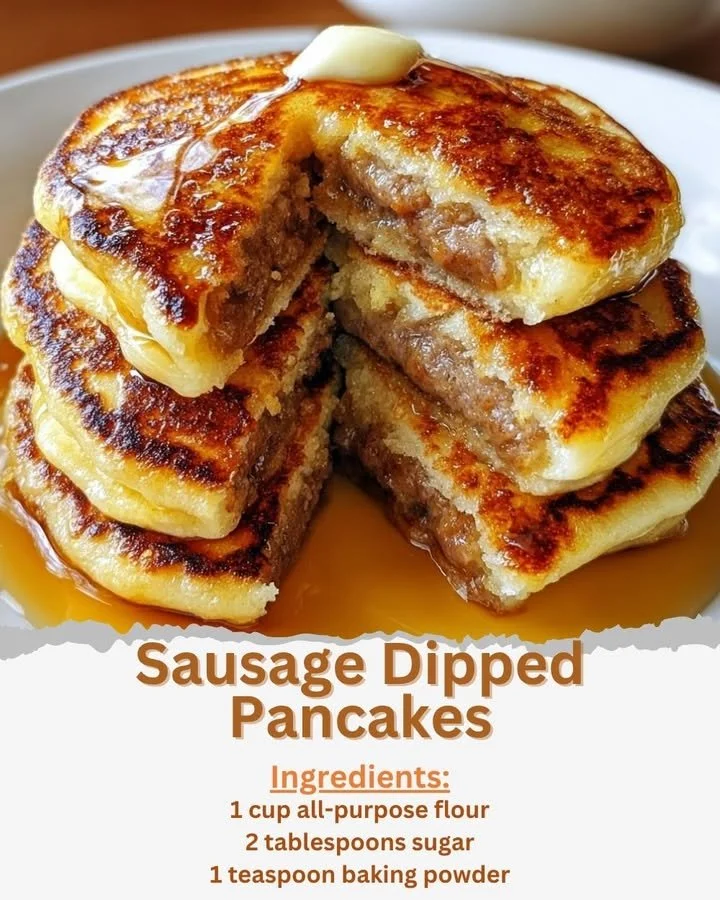Delicious sausage dipped pancakes served with maple syrup